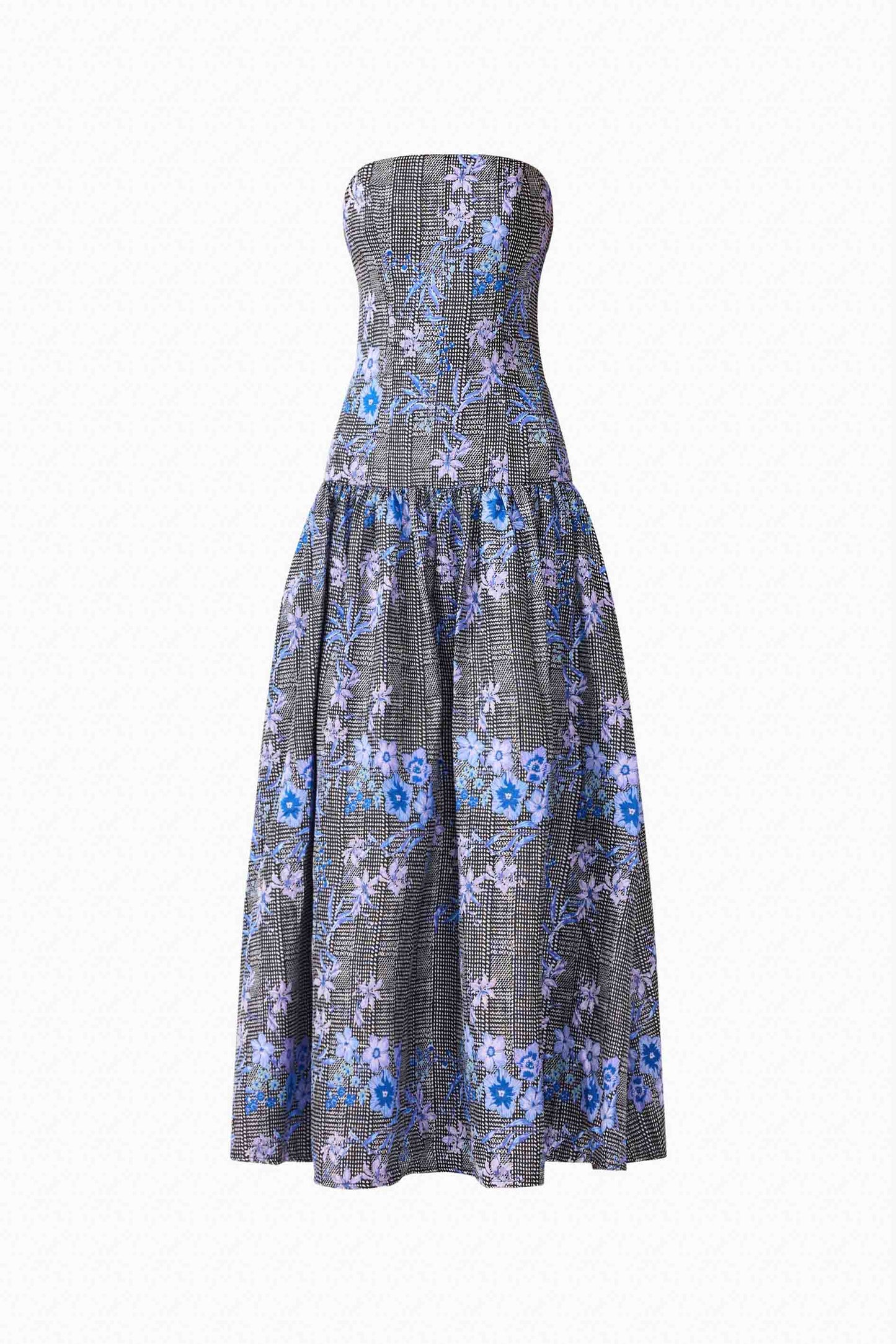 Allana Jacquard Strapless Gown in Black & Blue Floral