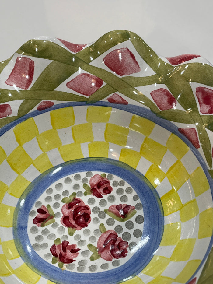 CERAMIC BOWL YELLOW CHECKER DESIGN SCALLOPED RIM