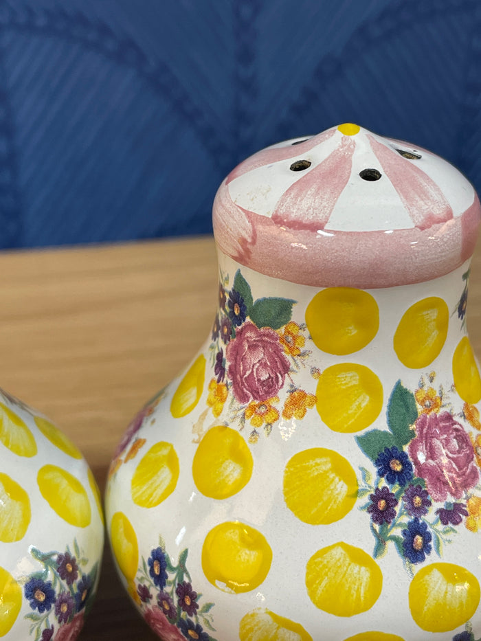 MACKENZIE CHILDS SALT & PEPPER SHAKERS FLORAL AND POLKA DOT DESIGN