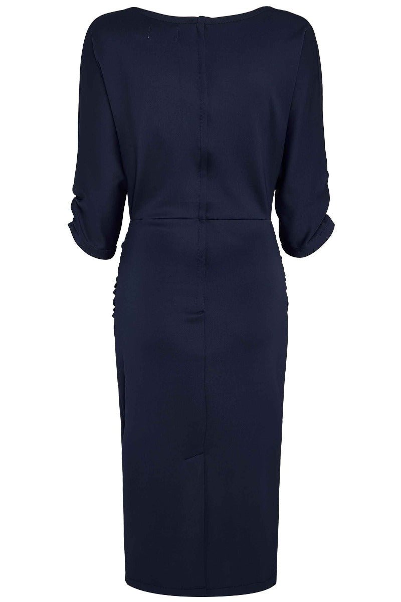 Diane Ruffled Waist & Long Sleeved Tight Wiggle Dress Navy