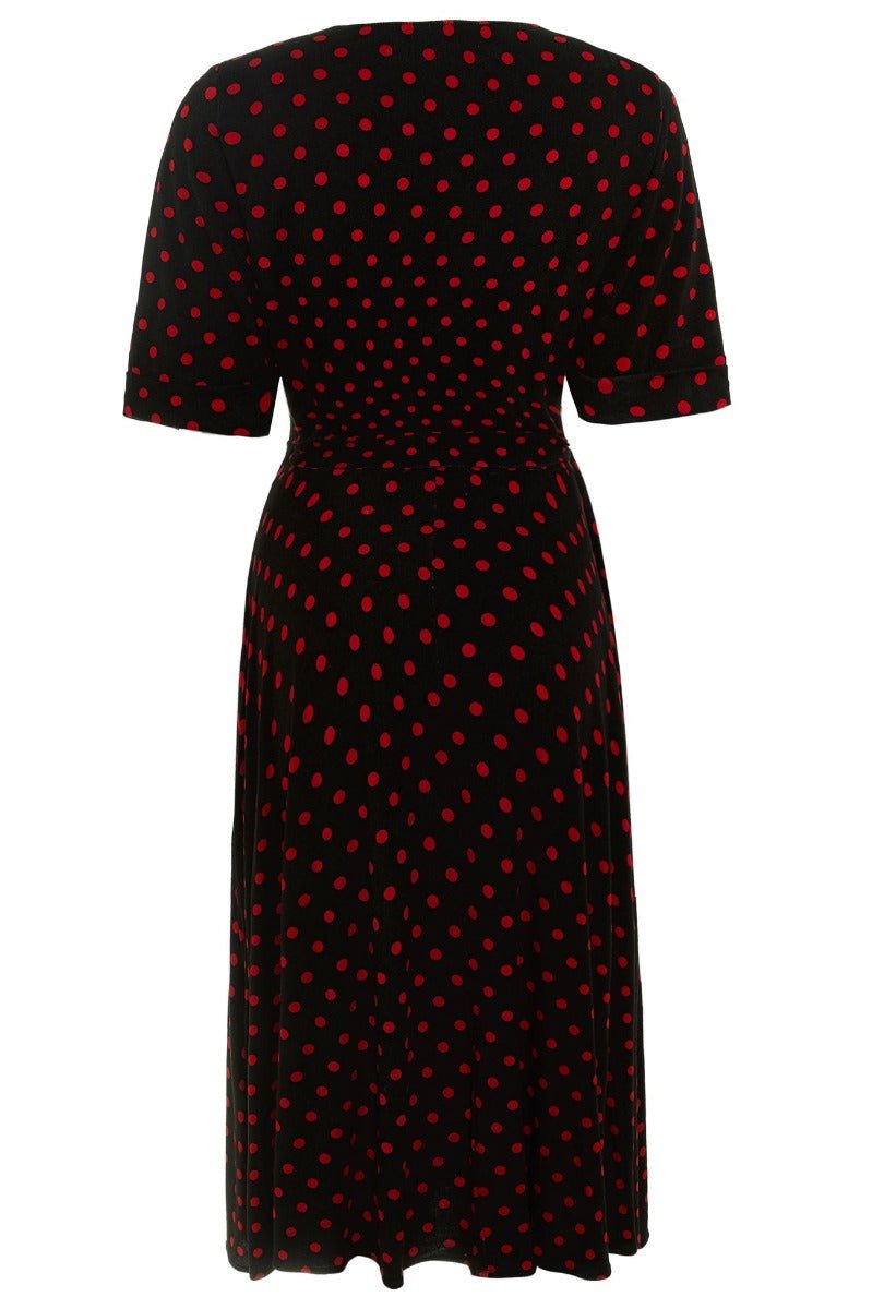 Matilda Retro Wrap Dress in Black-Red Polka dot