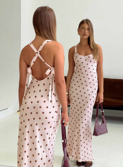 Picante Bias Cross Back Maxi Dress Pink Polka
