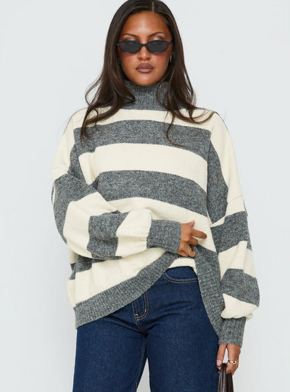 Longest Goodbye Slouchy Funnel Neck Oversized Knit Sweater Grey / Cream Stripe