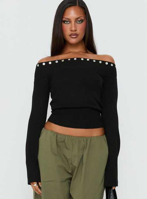 Miralys Off Shoulder Long Sleeve Knit Top Black
