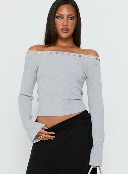 Miralys Off Shoulder Long Sleeve Knit Top Grey