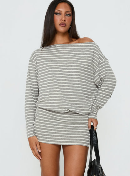 Worlds Away Long Sleeve Blouson Mini Dress Grey / White Stripe