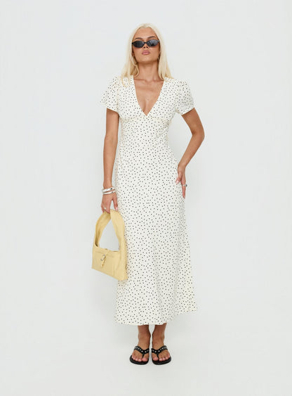 Mareiko V Neck Maxi Dress Cream Polka Dot