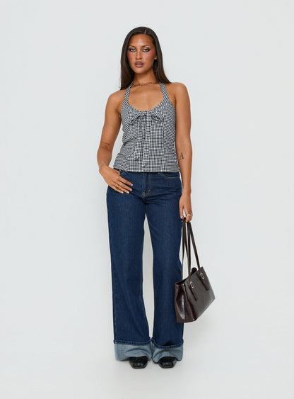 Puzzle Pieces Tie Detail Halter Top Black / White Gingham