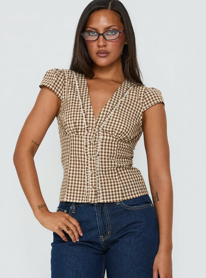 Bradlie Frill Detail Short Sleeve Blouse Top Chocolate Gingham