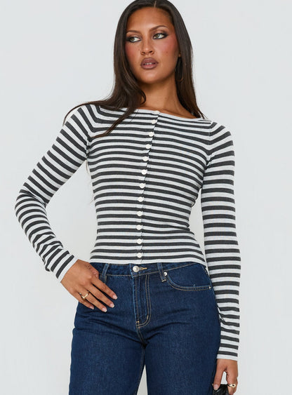 Vesira Button Detail Long Sleeve Knit Cardigan Stripe