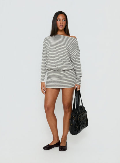 Worlds Away Long Sleeve Blouson Mini Dress Grey / White Stripe