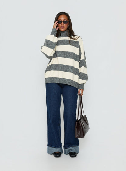 Longest Goodbye Slouchy Funnel Neck Oversized Knit Sweater Grey / Cream Stripe