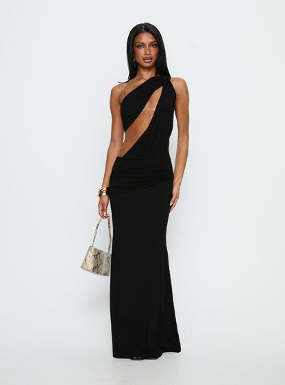 Loletta Draped One Shoulder Maxi Dress Black