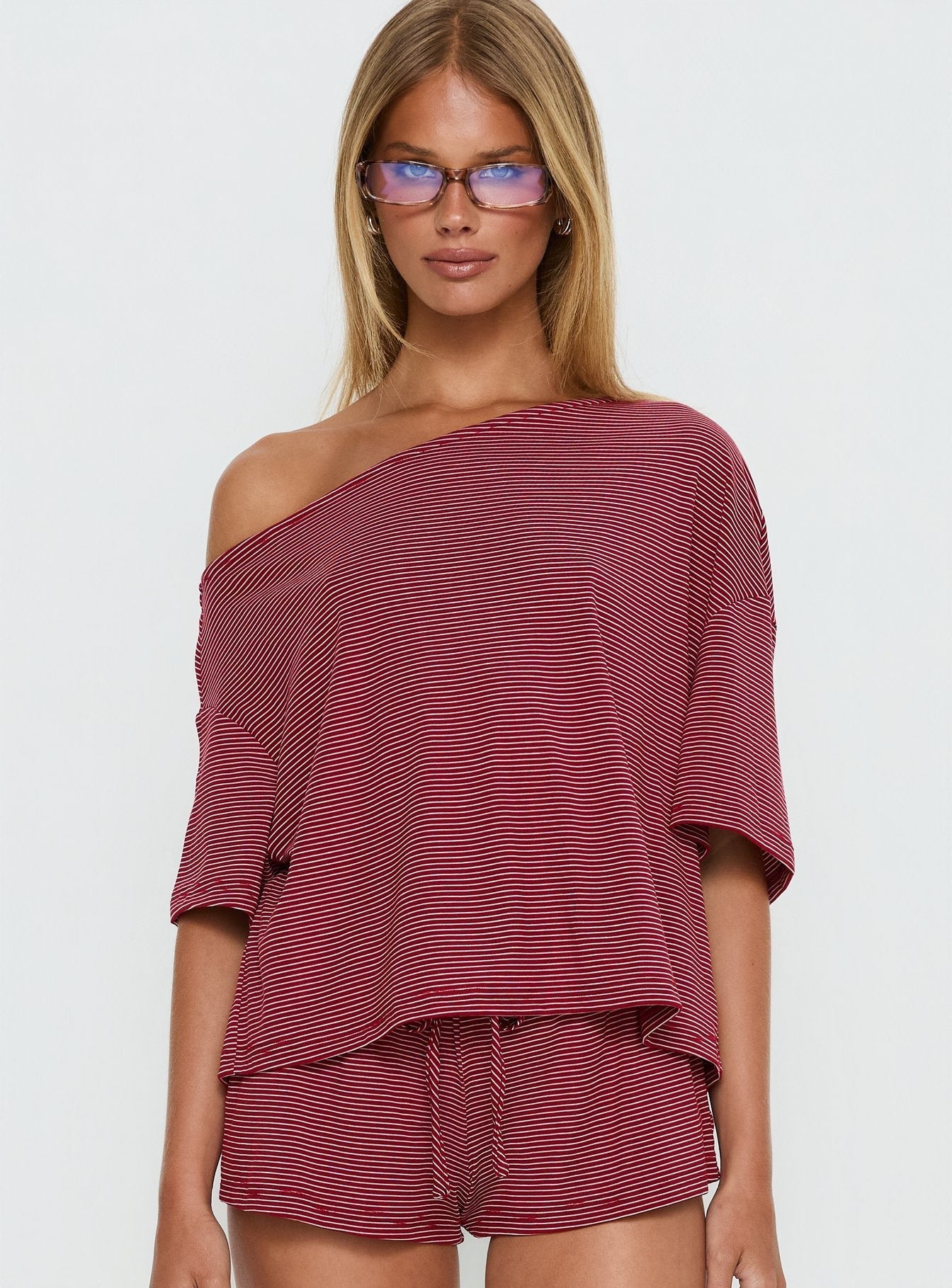 Sugar Surge Off Shoulder Sleep Top Cherry Stripe