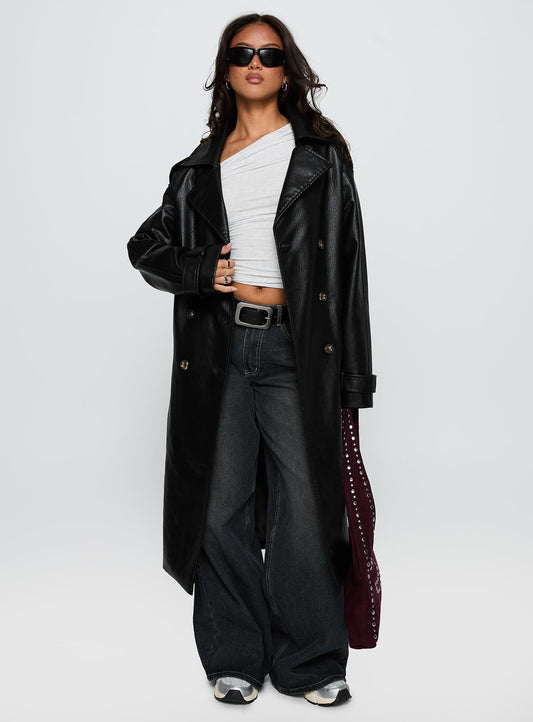 For The Fame Faux Leather Trench Coat Black
