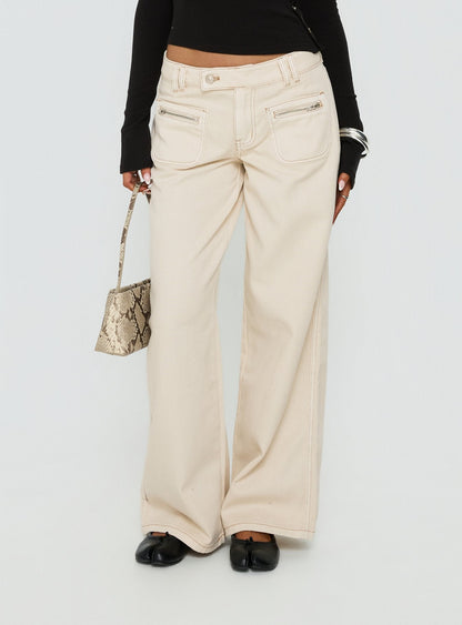 Lifetimes Mid Rise Wide Leg Cargo Jeans Cream