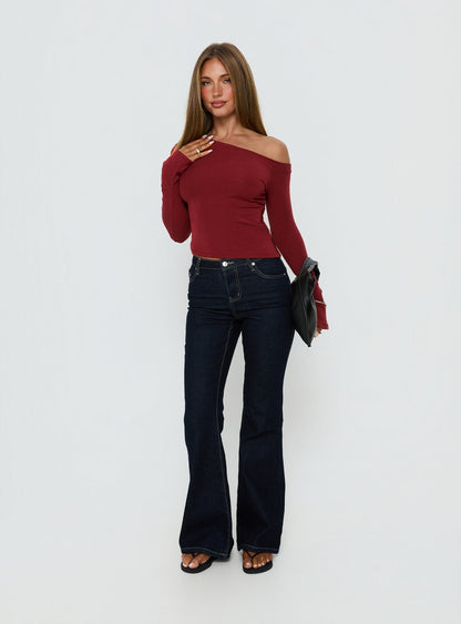 Think of Me Long Sleeve One Shoulder Top Cherry