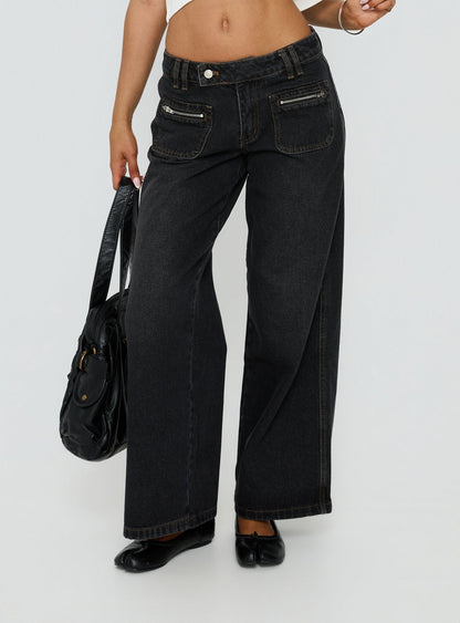 Lifetimes Mid Rise Wide Leg Cargo Jeans Washed Black