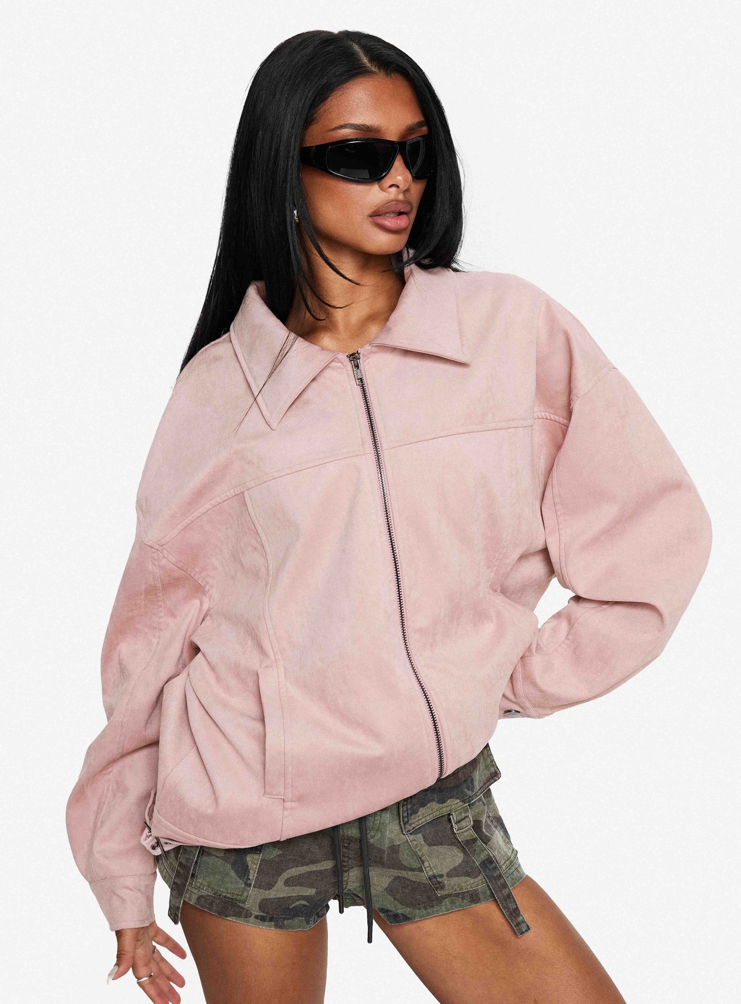 Goldsmith Faux Suede Bomber Jacket Pink