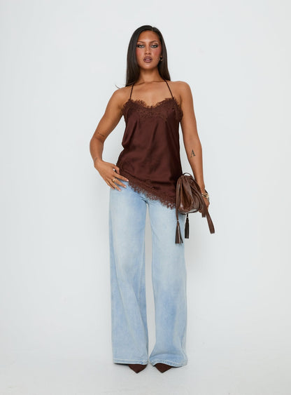 Cosetta Lace Trim Asymmetrical Cami Top Chocolate