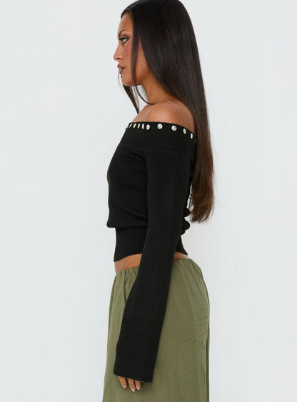 Miralys Off Shoulder Long Sleeve Knit Top Black