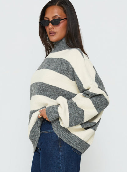 Longest Goodbye Slouchy Funnel Neck Oversized Knit Sweater Grey / Cream Stripe