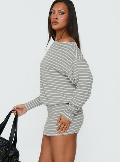 Worlds Away Long Sleeve Blouson Mini Dress Grey / White Stripe
