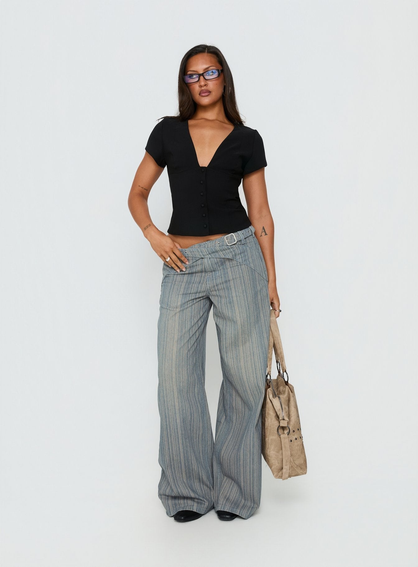Mckinley Mid Rise Wide Leg Jeans Dark Blue Stripe