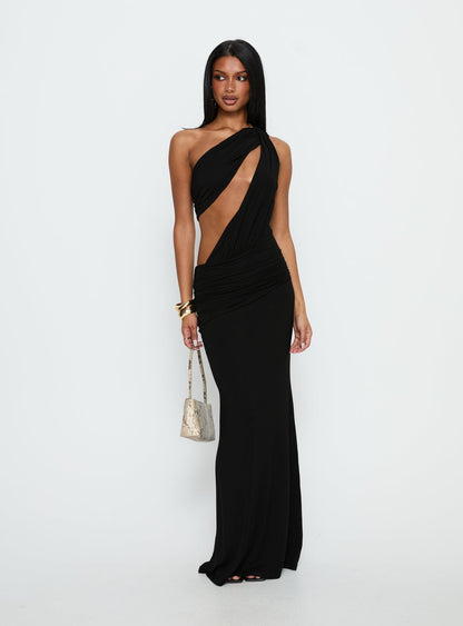 Loletta Draped One Shoulder Maxi Dress Black