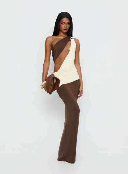 Loletta Draped One Shoulder Maxi Dress Chocolate / Yellow