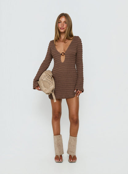 Elnora Long Sleeve Plunge Mini Dress Brown