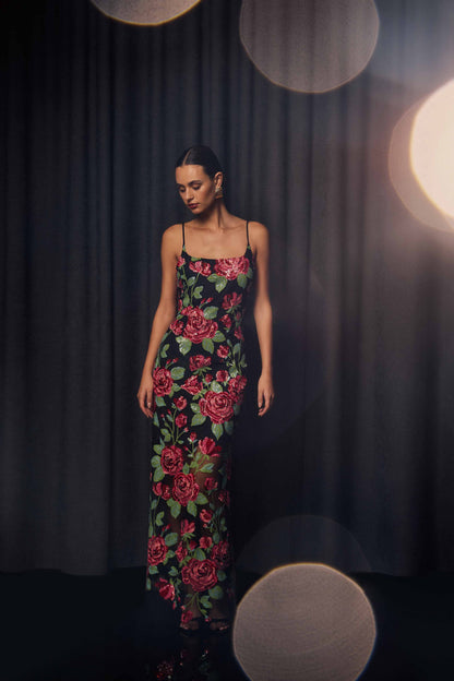 Lyra Sequin Gown in Pink & Green Floral