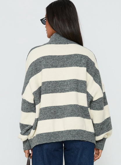 Longest Goodbye Slouchy Funnel Neck Oversized Knit Sweater Grey / Cream Stripe
