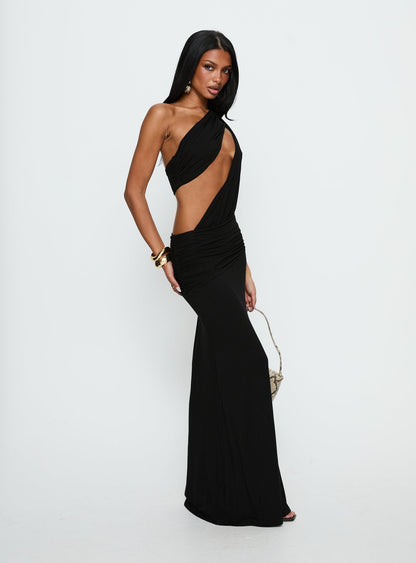 Loletta Draped One Shoulder Maxi Dress Black