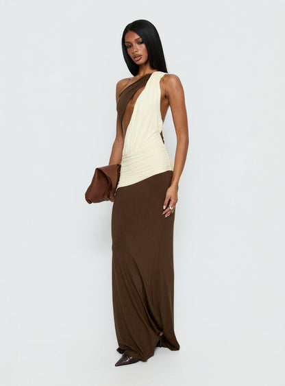 Loletta Draped One Shoulder Maxi Dress Chocolate / Yellow