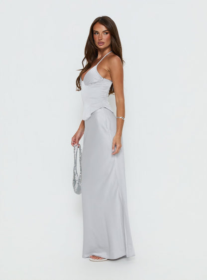 Devotedness Satin Corset Maxi Dress Silver