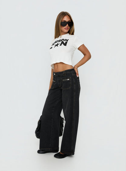 Lifetimes Mid Rise Wide Leg Cargo Jeans Washed Black