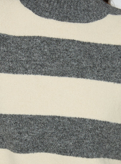 Longest Goodbye Slouchy Funnel Neck Oversized Knit Sweater Grey / Cream Stripe