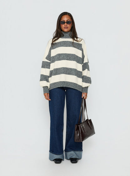 Longest Goodbye Slouchy Funnel Neck Oversized Knit Sweater Grey / Cream Stripe