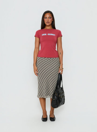 Sydni Midi Bias Cut Skirt Wine Check