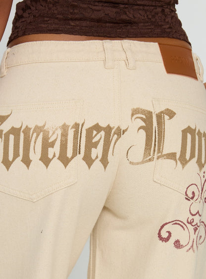 Than Forever Love Graphic Denim Jeans Cream