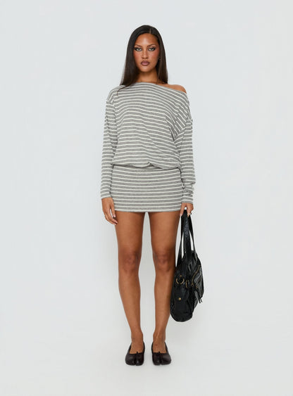 Worlds Away Long Sleeve Blouson Mini Dress Grey / White Stripe