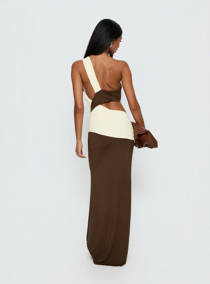 Loletta Draped One Shoulder Maxi Dress Chocolate / Yellow