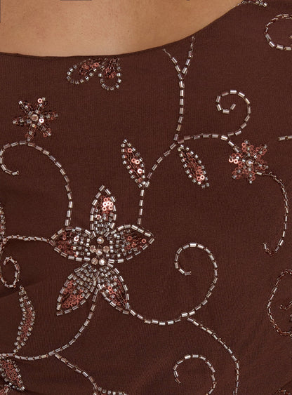 Leocadia Scoop Neck Bead Detail Top Chocolate