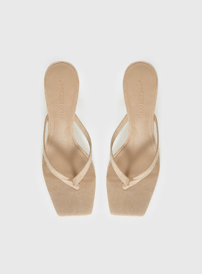 So Exclusive Faux Suede Thong Heels Tan
