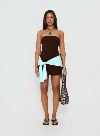 Teeah Strapless Tie Detail Contrast Mini Dress Brown / Blue