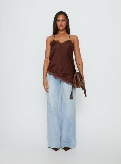 Cosetta Lace Trim Asymmetrical Cami Top Chocolate
