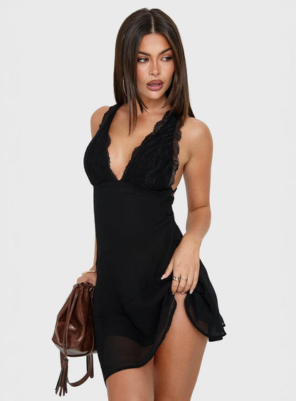 Edeni Lace Splice Halter Mini Dress Black