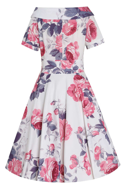 Darlene Pastel Roses Flared Dress In White