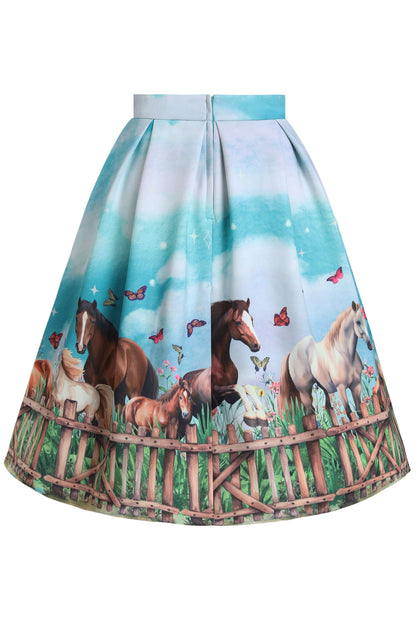 Aisley Horse Field Box Pleated Skirt In Blue